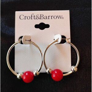 Women's Earrings Silver Red Hoops Beaded Round Shaped Pierced Dangly Jewelry